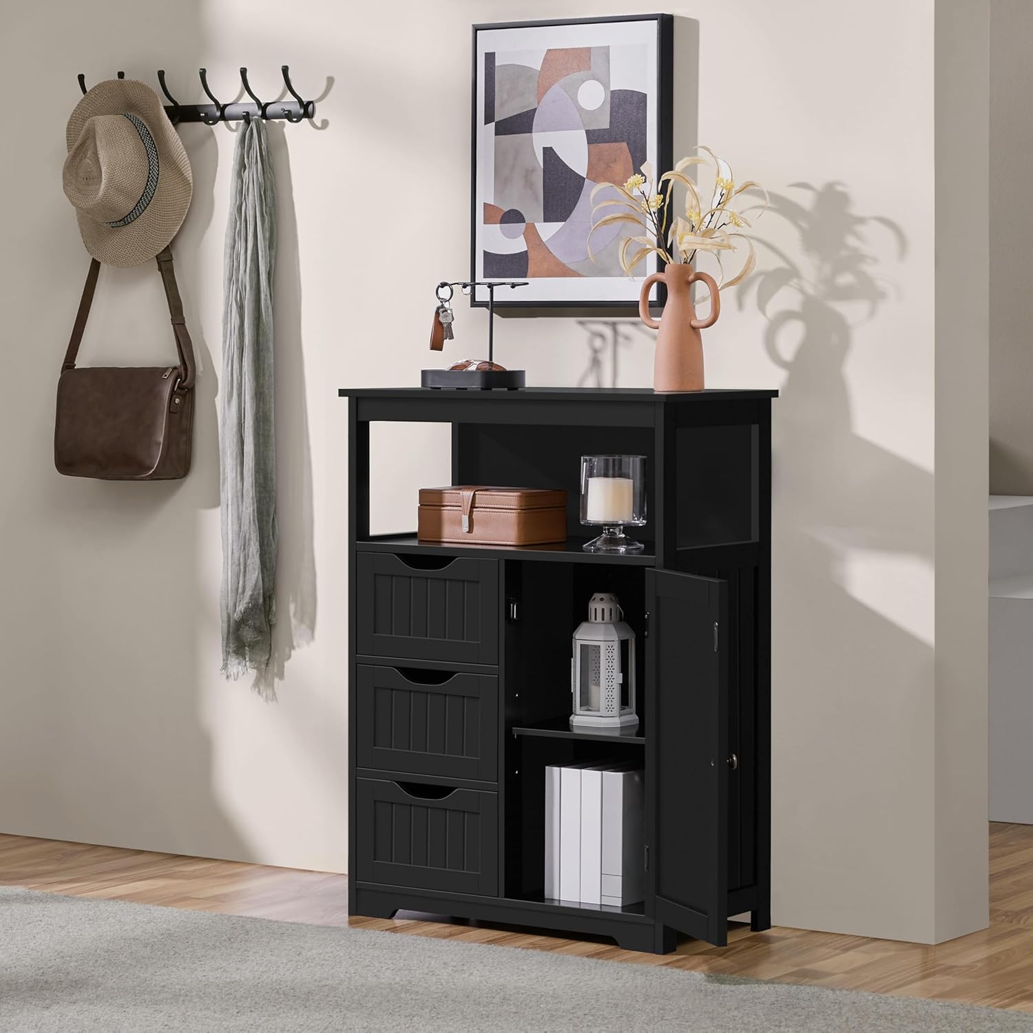 Yaheetech Bathroom Storage Cabinet Bathroom Floor Cabinet Freestanding Organizer and Storage with Door, 3 Drawers, Adjustable Shelf, 35.5 Inches Height, Black Cabinet