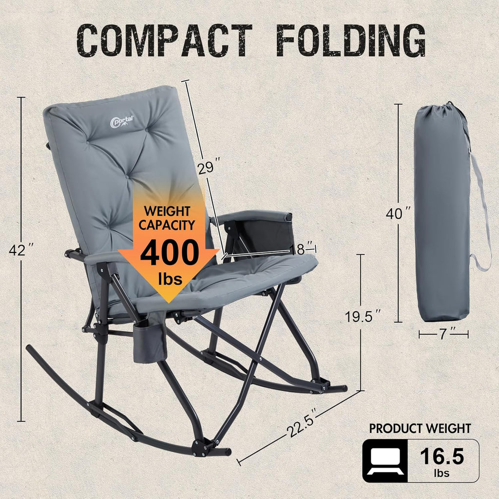 Portal Folding Rocking Camping Chair Outdoor - Thick Padded Rocking Recliner Chair Portable Camping Rocker for Patio Front Porch Backyard Lawn Living Room, Supports 400 LBS