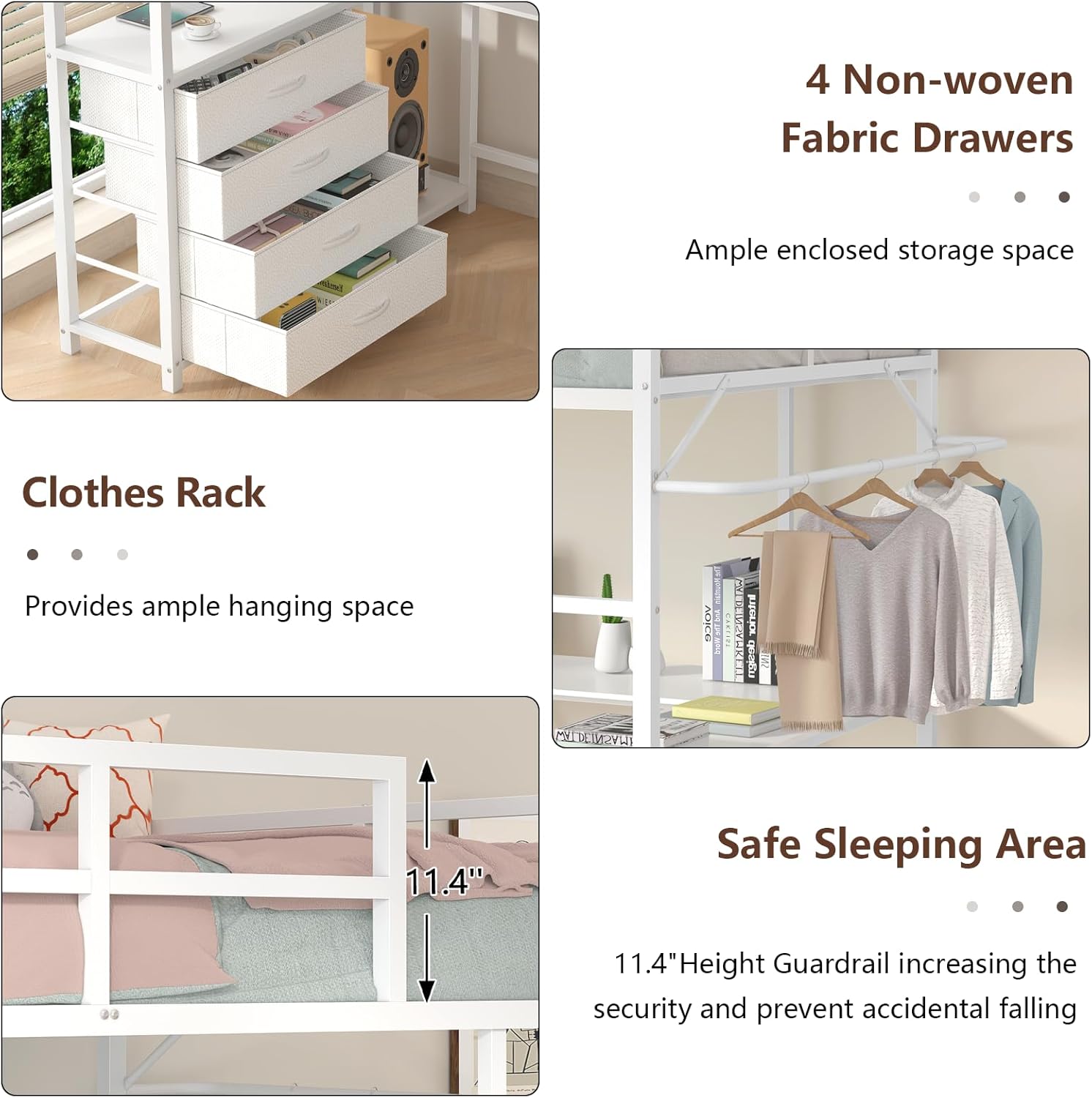 Loft Bed Twin Size with U-Shaped Desk, Metal Twin Loft Bed Frame with Storage Upholstered Headboard & LED Lights, Bunk Loft Beds with Power Outlet, Loft Beds with 4 Storage Drawers, Guard & Ladder