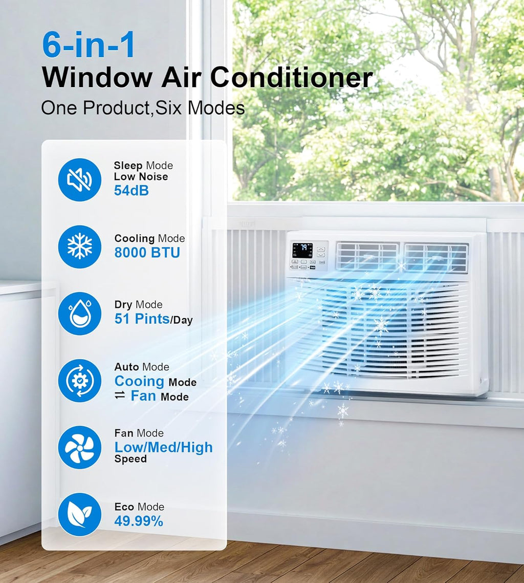 AKIRES Window Air Conditioner, 8,000BTU Air Conditioner Window Unit, Cools up to 350 Sq. Ft, Window AC with Cool, Fan, Dry, Sleep, Energy Saver, and Auto,6 Modes,24H Timer,Easy Install,Home,Office