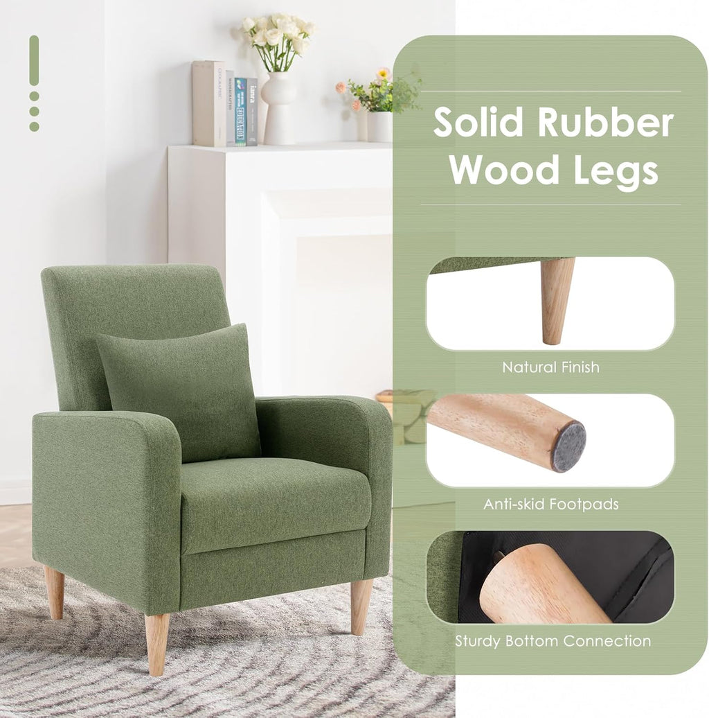 COLAMY Modern Upholstered Accent Chair Armchair with Pillow, Fabric Reading Living Room Side Chair,Single Sofa with Lounge Seat and Wood Legs, Green