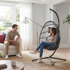 Yechen Indoor Outdoor Egg Hanging Chair with Stand, Patio Wicker Swing Egg Chair Indoor Swinging Chair Outdoor Hammock Egg Chair 350lbs Capacity for Patio Bedroom Balcony, Charcoal Grey (EG-001)