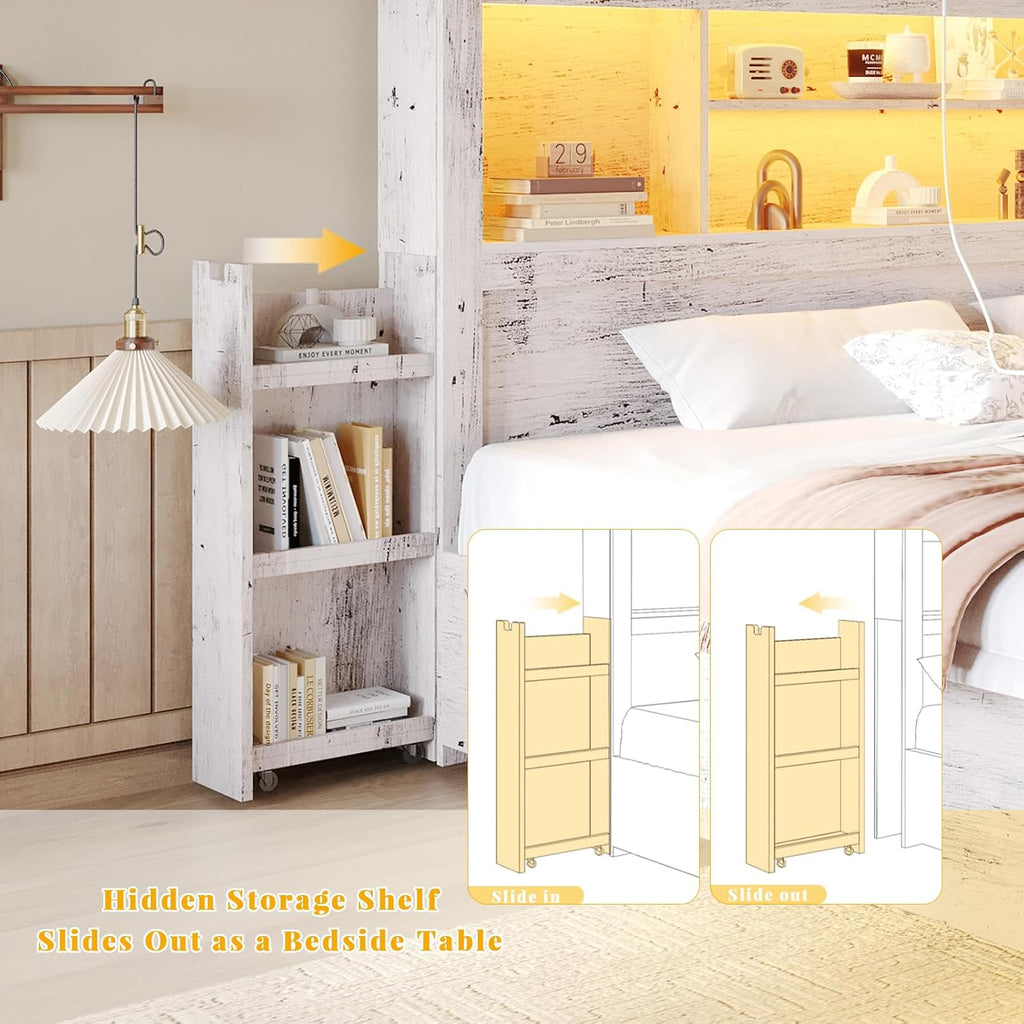 Queen Bed Frame with 49.6" Bookcase Headboard & 4 Drawers & 2 Detachable Bedside Stoage Racks, Farmhouse Wood Bed Frame with RGB LED & Charging Station, No Box Spring Needed, Distressed White