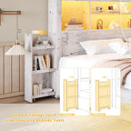 Queen Bed Frame with 49.6" Bookcase Headboard & 4 Drawers & 2 Detachable Bedside Stoage Racks, Farmhouse Wood Bed Frame with RGB LED & Charging Station, No Box Spring Needed, Distressed White