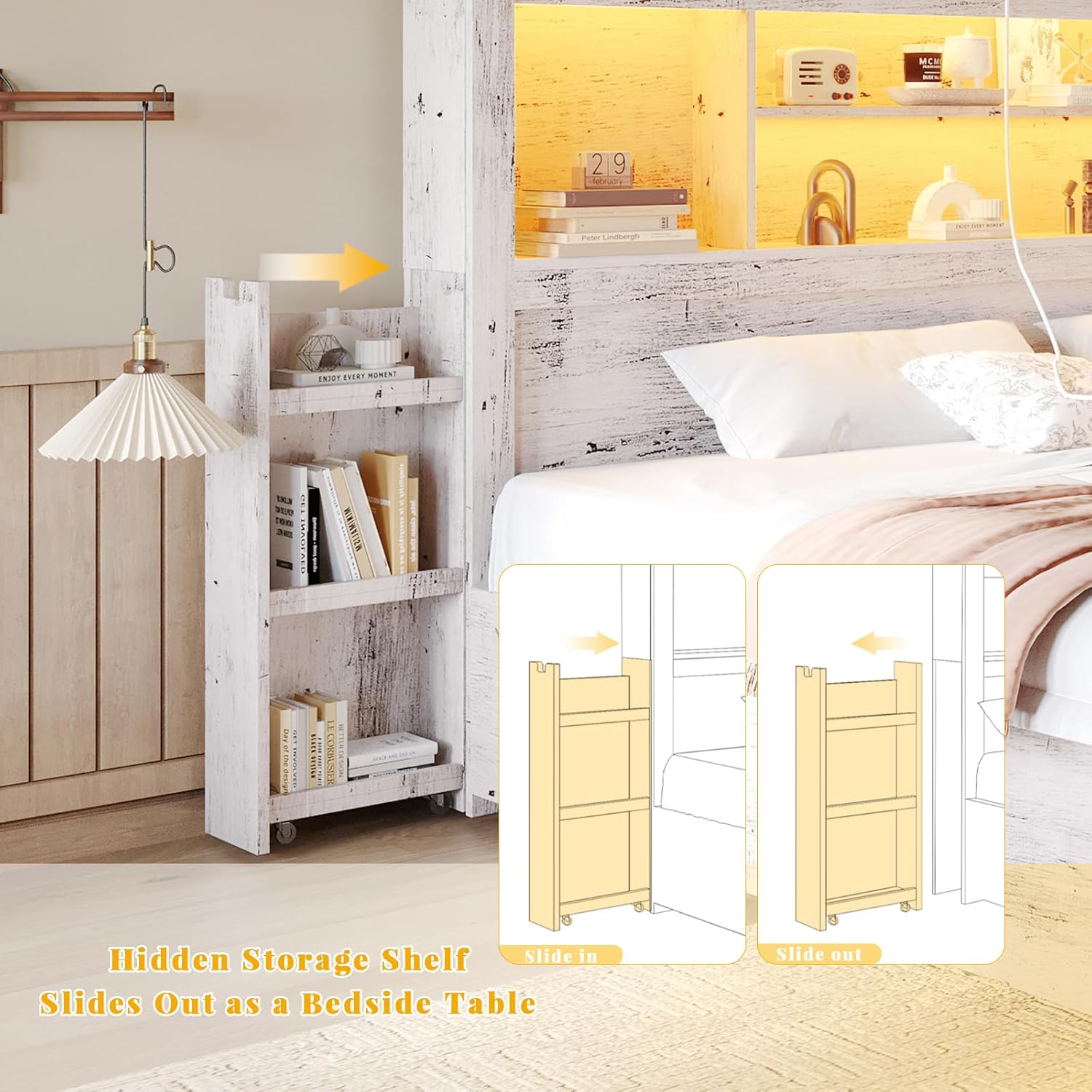 Queen Bed Frame with 49.6" Bookcase Headboard & 4 Drawers & 2 Detachable Bedside Stoage Racks, Farmhouse Wood Bed Frame with RGB LED & Charging Station, No Box Spring Needed, Distressed White