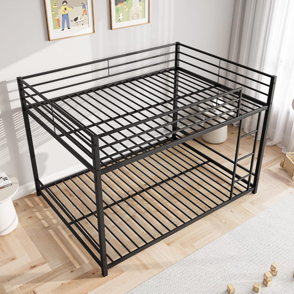 Full Over Full Bunk Beds, Metal Heavy Duty Full Size Bunk Beds for Kids, Full Size Bed Frmae for Boys and Girls,Loft Bed with Ladder and Guardrail for Small Spaces (Black)