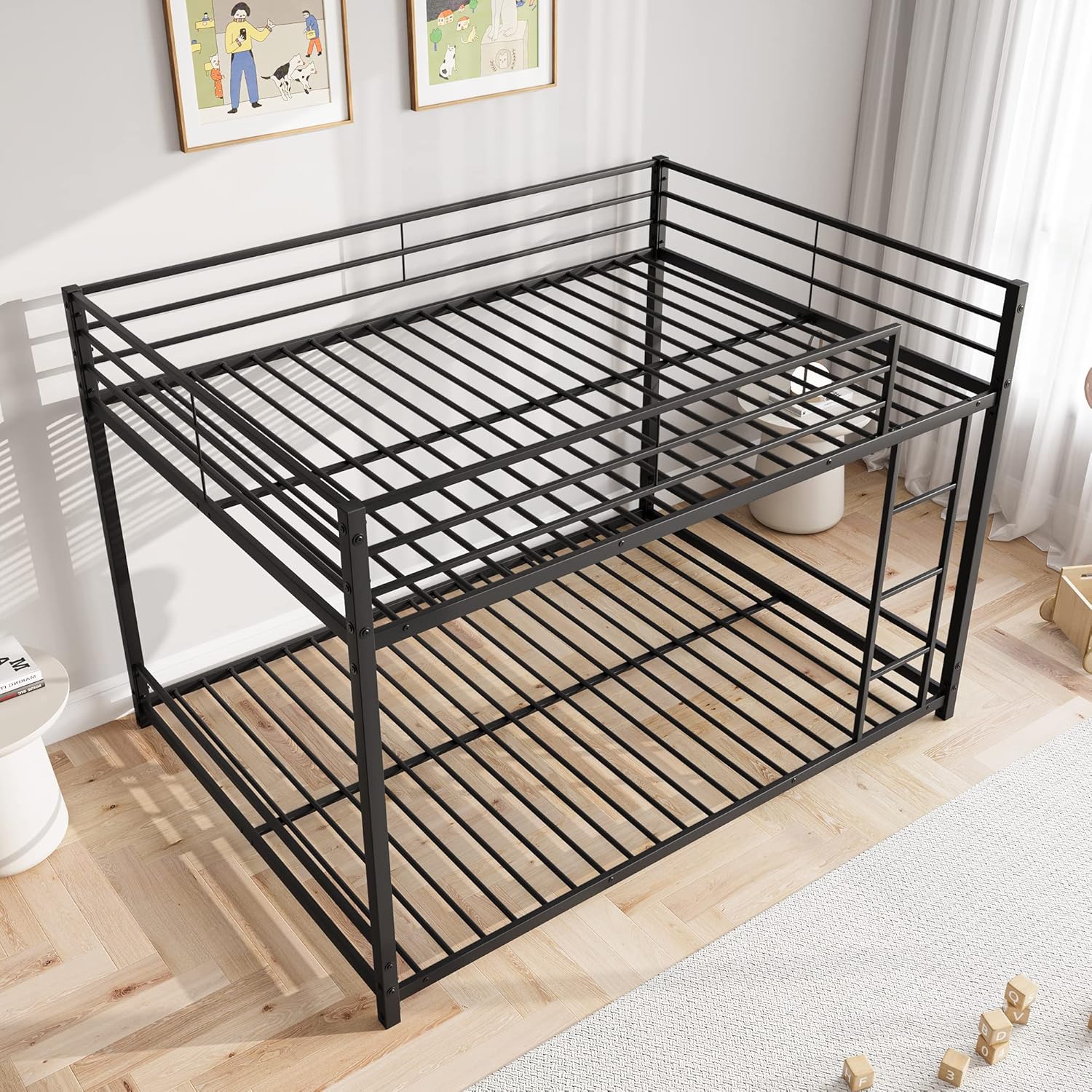 Full Over Full Bunk Beds, Metal Heavy Duty Full Size Bunk Beds for Kids, Full Size Bed Frmae for Boys and Girls,Loft Bed with Ladder and Guardrail for Small Spaces (Black)