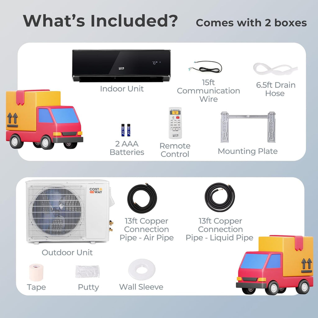 COSTWAY 12000 BTU Wifi Enabled Mini Split Air Conditioner & Heater, 22 SEER2 208-230V Inverter AC Unit Cools up to 750 Sq. Ft, Energy Efficient, Heat Pump (Black, 12000BTU, 208-230V, 22 SEER2-WIFI)