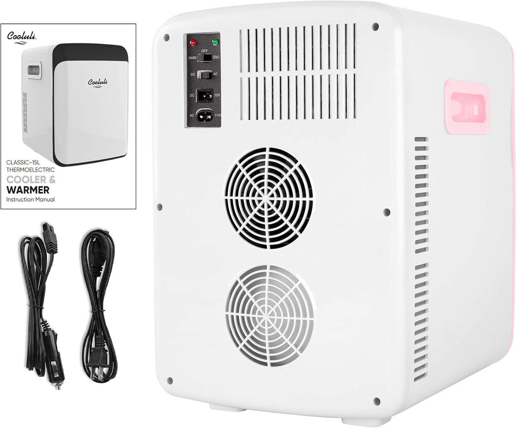 Cooluli 15L Mini Fridge for Bedroom - Car, Office Desk & College Dorm Room - 12V Portable Cooler & Warmer for Food, Drinks, Skin Care, Beauty, Makeup & Cosmetics - AC/DC Small Refrigerator (Pink)
