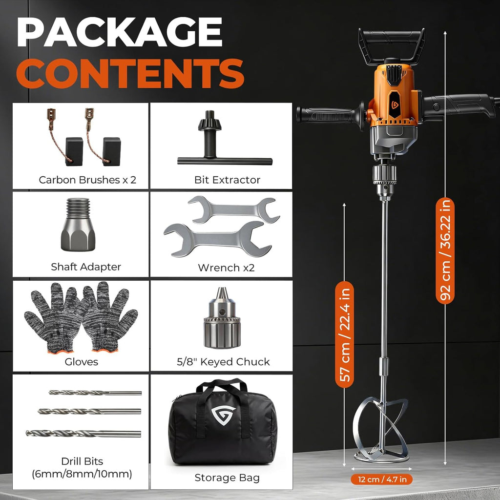 Drill Mixer Set, 20 Amp Corded Mixing Drill with 5/8" All-Metal Chuck, 1100 RPM Heavy Duty Concrete Mud Mixer with 360° Adjustable D-Handle for Cement Mortar Paint Grout Plaster Thinset