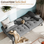 Shintenchi Futon Sofa Bed, Velvet Foldable Couch, Reclining Sleeper with Removable Armrests, Upholstered Loveseat Sofa Couch with Folding Cup Holders for Home, Office, Dark Grey