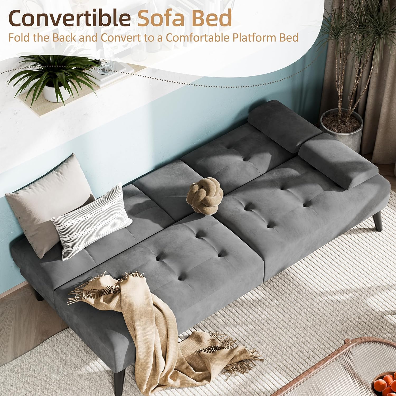 Shintenchi Futon Sofa Bed, Velvet Foldable Couch, Reclining Sleeper with Removable Armrests, Upholstered Loveseat Sofa Couch with Folding Cup Holders for Home, Office, Dark Grey