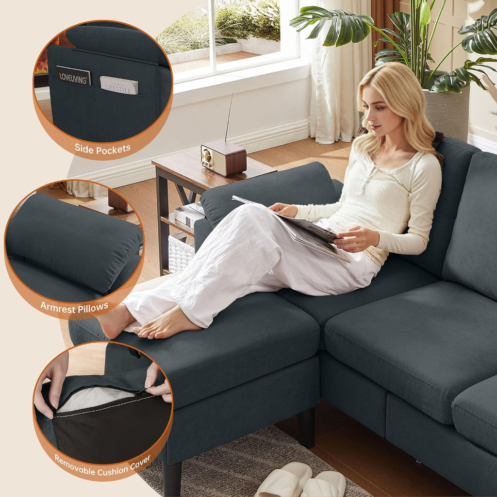 Convertible Sectional Sofa, Modern L Shaped 3-seat Sofa, 79" Linen Fabric Small Sectional Couch with Movable Ottoman, Couch for Small Spaces Living Room (Dark Grey)