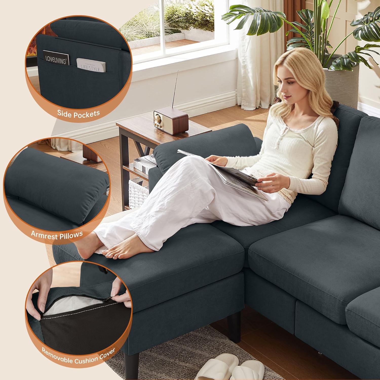 Convertible Sectional Sofa, Modern L Shaped 3-seat Sofa, 79" Linen Fabric Small Sectional Couch with Movable Ottoman, Couch for Small Spaces Living Room (Dark Grey)