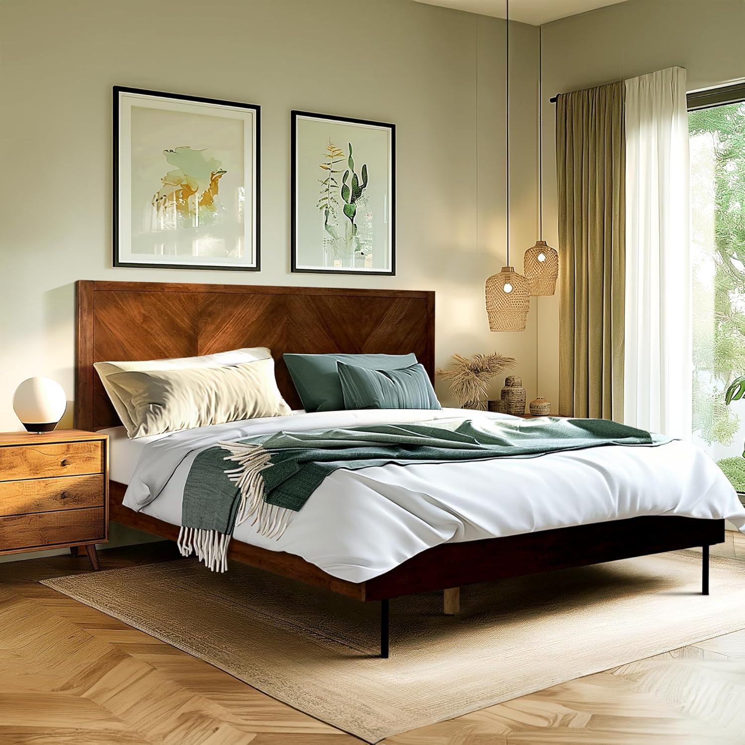 Acacia Alander Bed Frame with Headboard Bed Frame Queen Size Solid Wood Platform Bed, Scandinavian Signature High Headboard Wood Bed Compatible with All Mattress Types, 30 Mins Assembly, Walnut