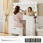 VOWNER Vanity with Lighted Mirror - Glass Top Makeup Vanity Desk w/Bluetooth Speaker, 14 Lights and 11 Drawers, 3 Color Lighting Modes Adjustable Brightness, Makeup Desk with Outlet for Bedroom, White