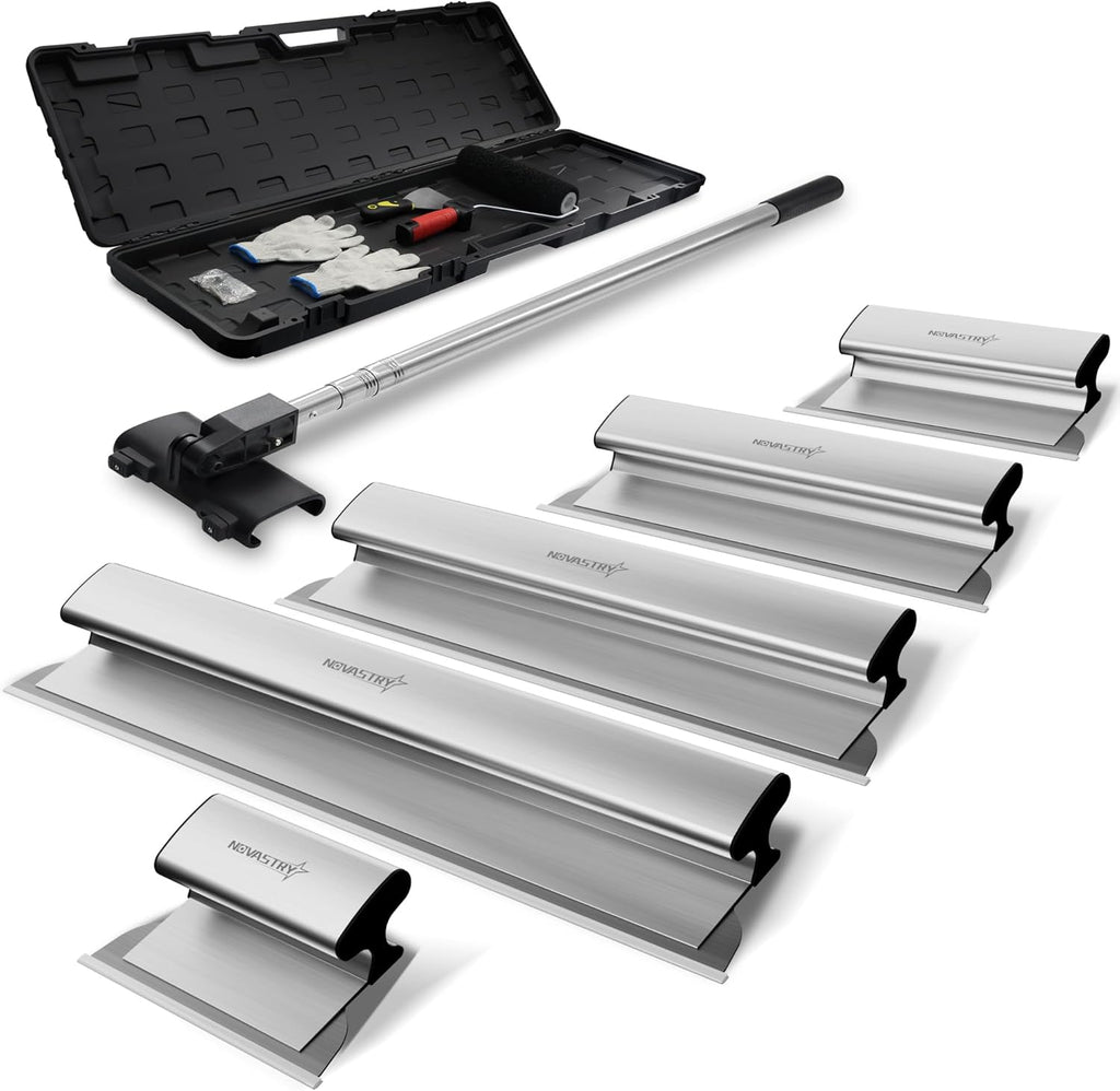 Professional Drywall Skimming Blade Kit (12", 16", 24", 32" & 40"), Stainless Steel Wall Finishing Tools with Extension Pole, Roller & Putty Knife, Lightweight Set with Carrying Case