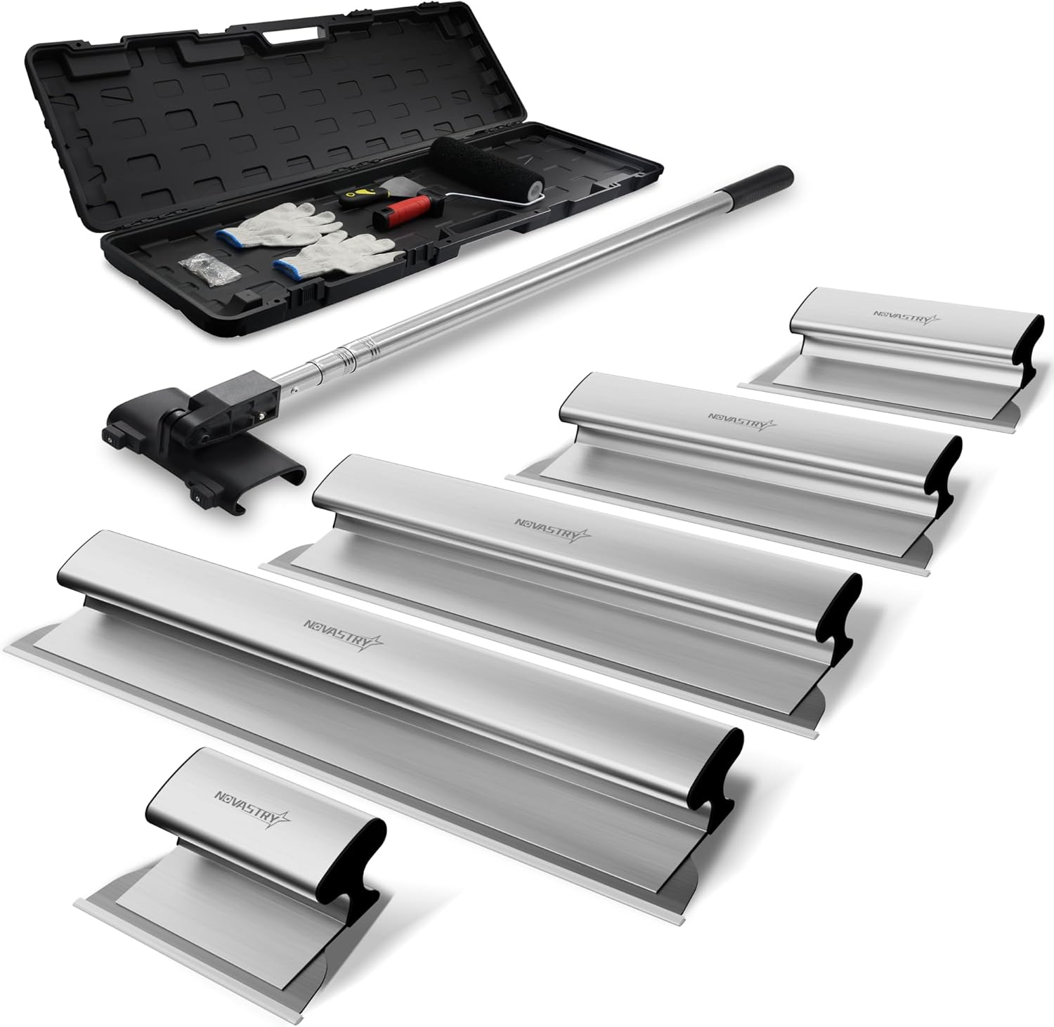 Professional Drywall Skimming Blade Kit (12", 16", 24", 32" & 40"), Stainless Steel Wall Finishing Tools with Extension Pole, Roller & Putty Knife, Lightweight Set with Carrying Case