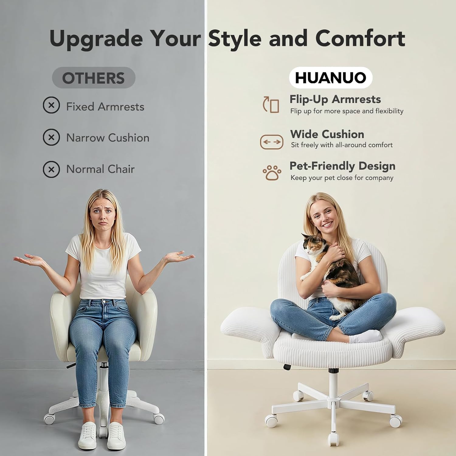 HUANUO Vanity Chair with 6-Position Adjustable Armrests, Criss Cross Chair with Wide Cushion, Soft Corduroy Fabric, 90°-105° Recline, Pet-Friendly, Perfect for Makeup Bedroom, Home Office, White