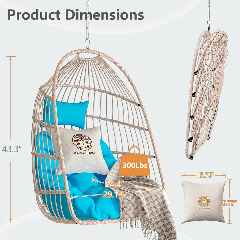 Hanging Egg Chair Without Stand, HDPE Rattan Foldable Swing Chair with Pillow, Aluminum Frame & UV Resistant Cushion for Indoor Outdoor Bedroom Garden, 350Lbs Capacity (Blue)