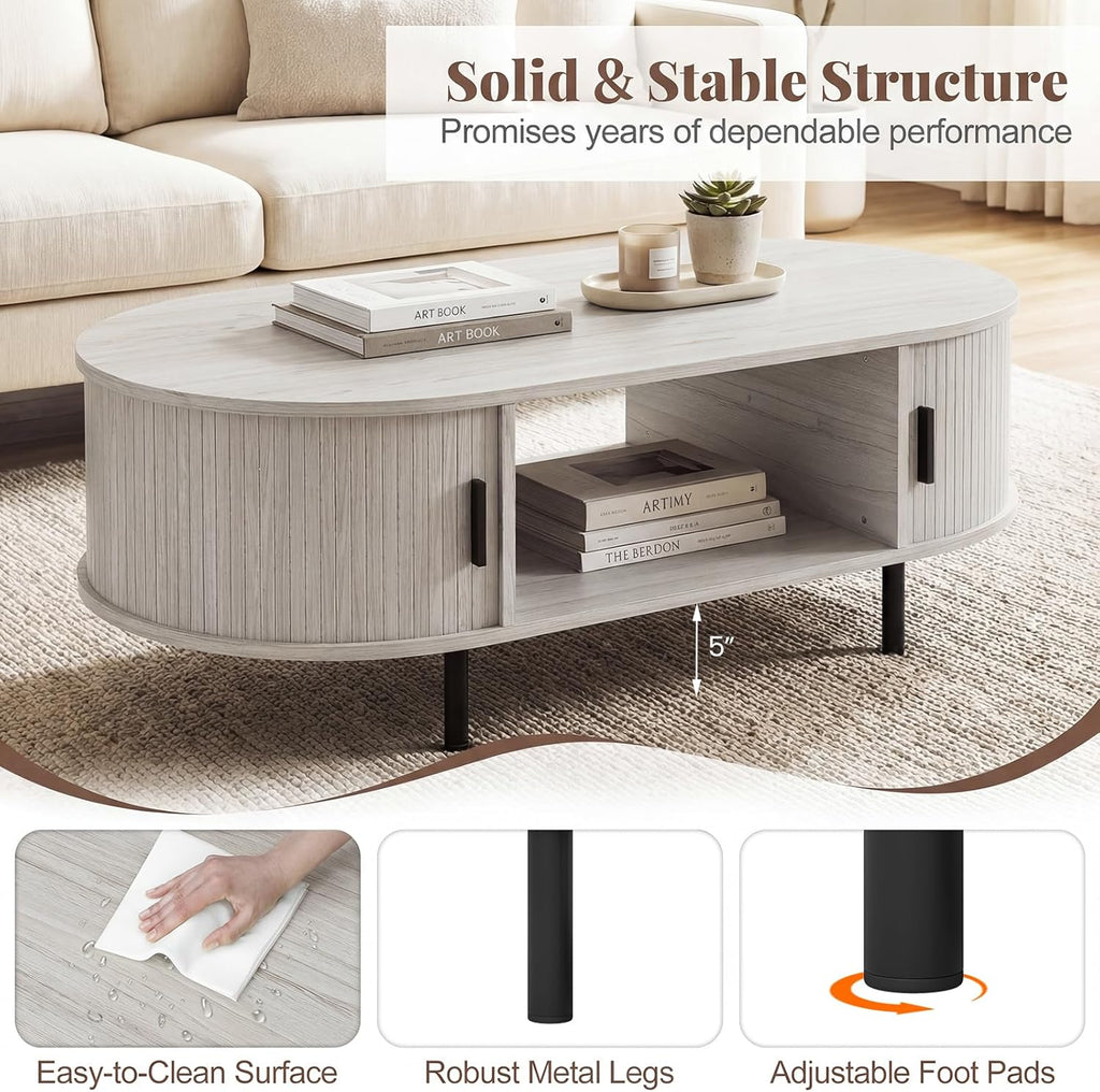 Giantex Oval Coffee Table, 47.5" Mid Century Modern Center Table with Sliding Tambour Doors, Hidden Storage & Open Compartment, Fluted Wood Living Room Tables for Small Spaces (Light Grey Oak)
