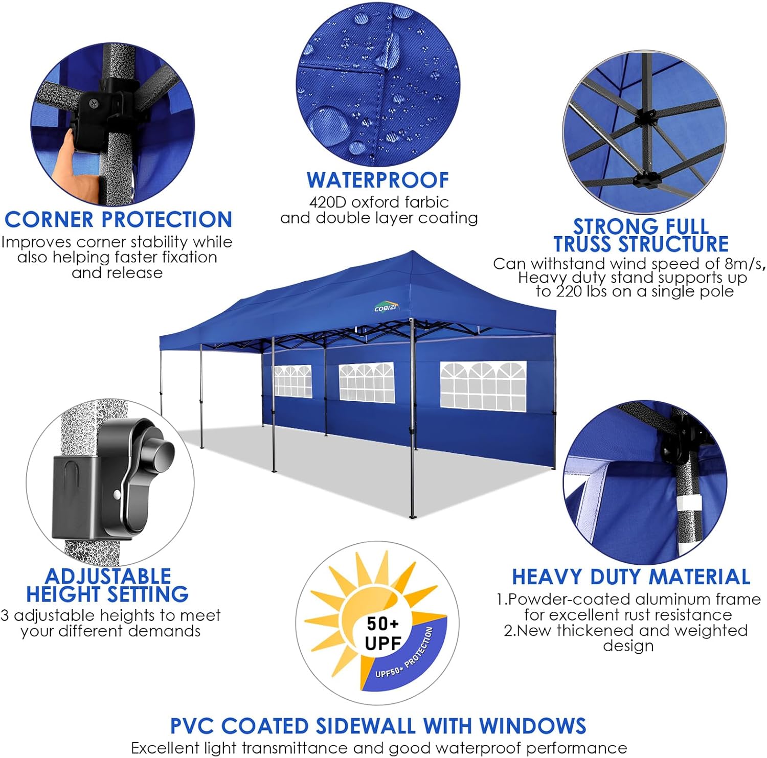 COBIZI 10x30 Pop up Canopy Tent 10x30 Canopy with Sidewalls  Heavy Duty Party Tent Tents for Parties  Foldable UPF 50+ Waterproof Commercial Easy up Canopy with Roller Bag  Navy Blue(Windproof)