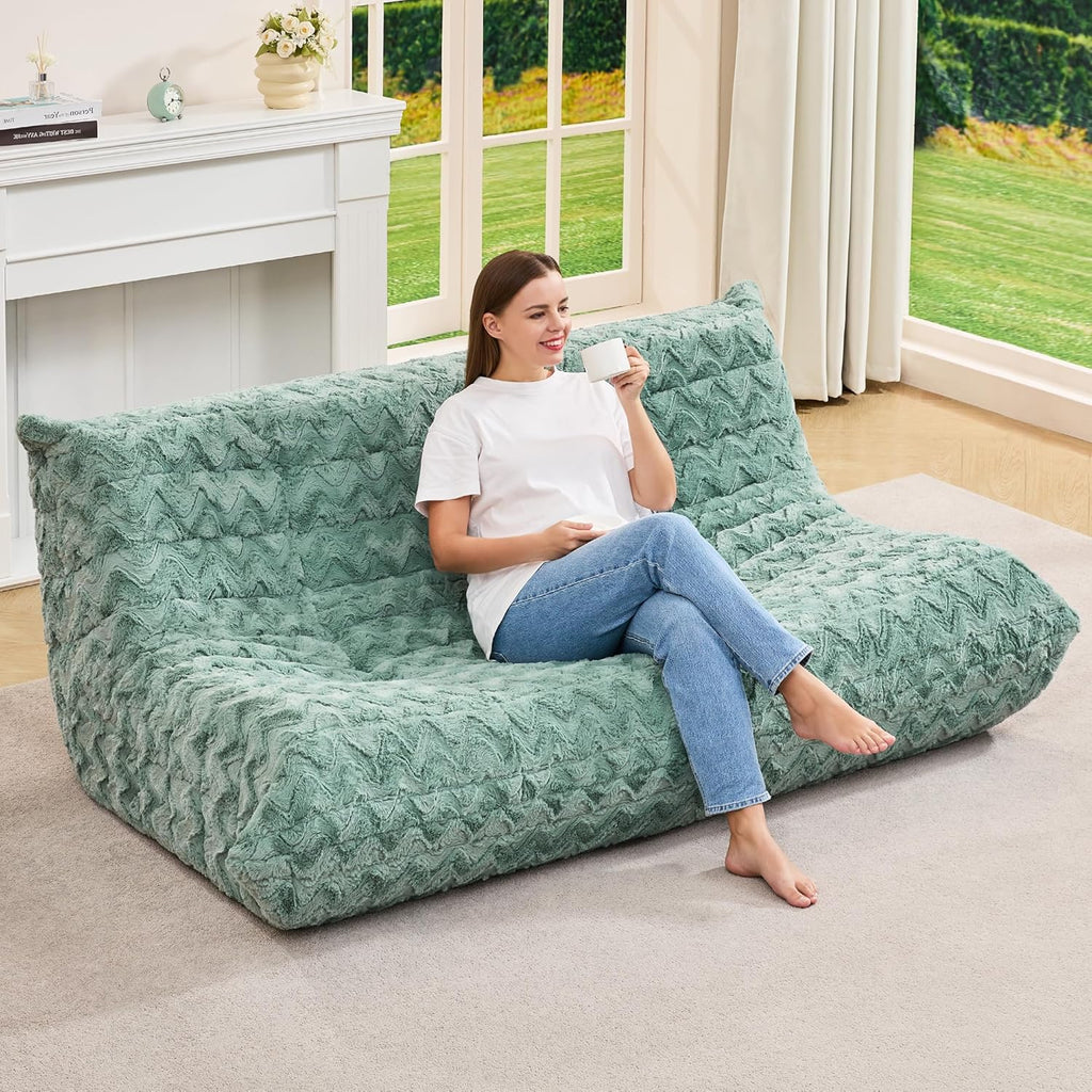 Bean Bag Chairs for Adults Giant Bean Bag Chair Memory Foam BeanBag Chair Bean Bag Sofa with Filler Faux Fur Fireside Beanbags Lazy Sofa for Living Room Bedroom Office (Green Chevron, 3-Seater)