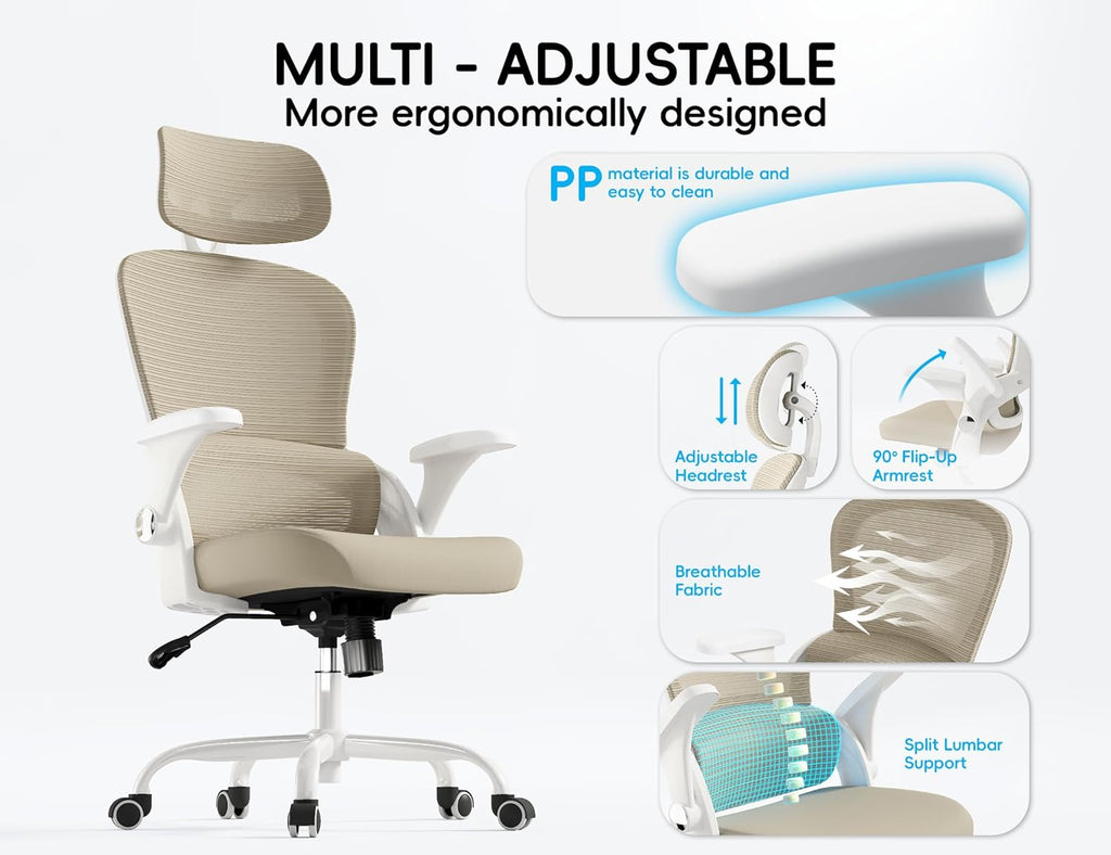 TRALT Office Chair - Ergonomic Office Chair with Back Support, Computer Chair - Home Office Desk Chairs, 330lbs Wide Seat Big and Tall Office Chairs with Headrest, Comfy Desk Chairs (Beige)