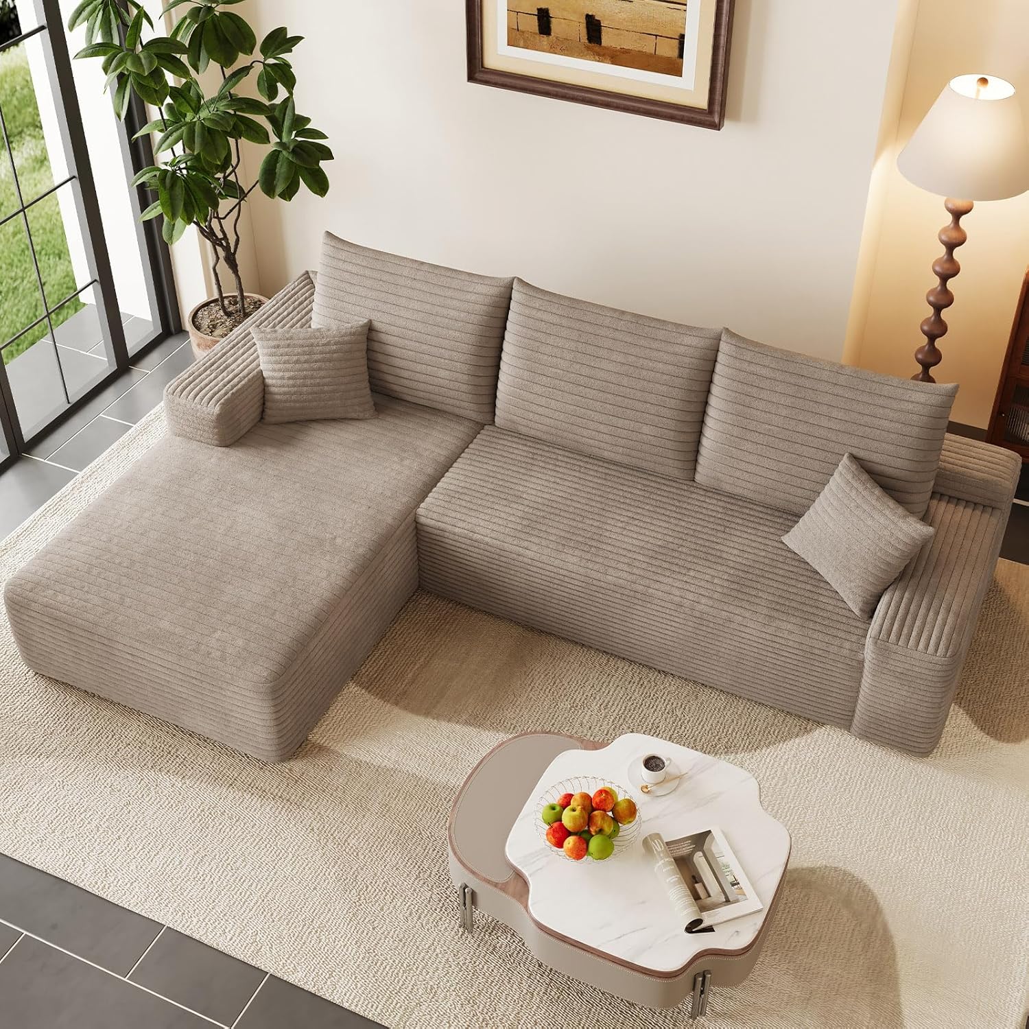 95" Modular Sectional Couch, Boneless L Shaped Cloud Sofa with Chaise Lounge, Corduroy Upholstered Couches Memory Foam Deep Seat, No Assembly Required, Ideal for Living Room(Camel, Left Facing)