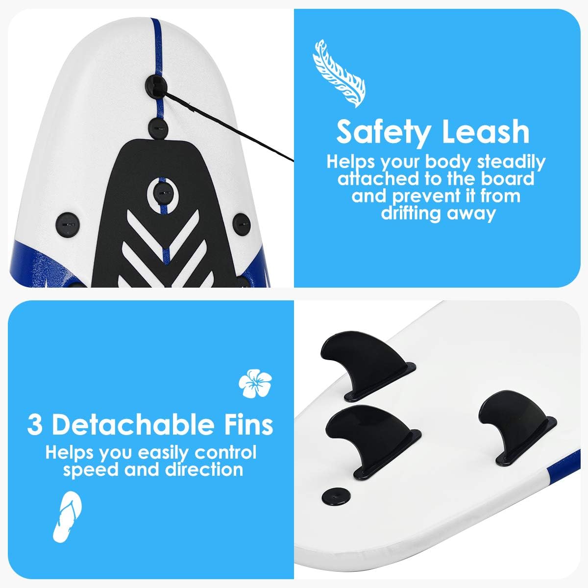 Giantex Surfboard, 6 Ft Stand Up Surfing Board w/ 3 Detachable Fins, Safety Leash, Non-Slip Lightweight Foam Surfboard for Kids, Teenager, Adults