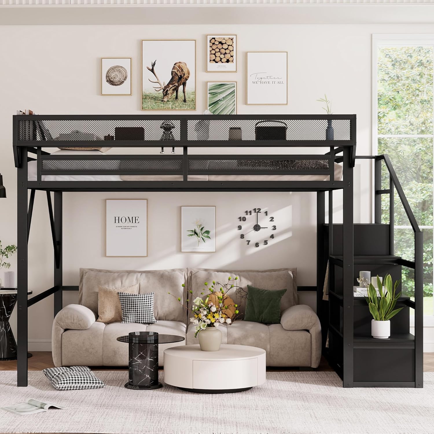 Queen Size Loft Bed with Stairs and Storage, Metal Loft Bed Frame with Bedside Shelf and Large Under-Bed Space, Heavy-Duty Loft Beds for Adults Teens and Kids, Convertible Staircase, Black