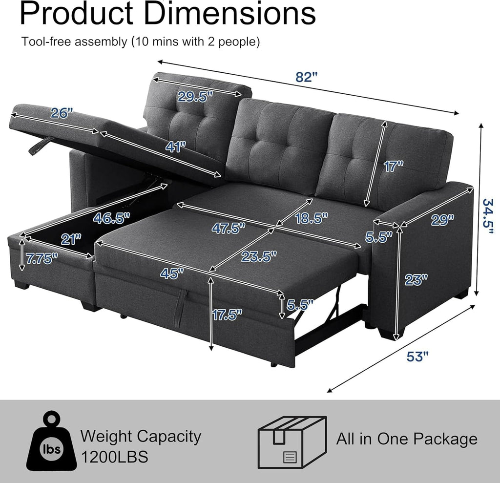Convertible Sleeper Sofa Bed with Pull Out Couch, L Shaped Couch with Chaise Storage, USB Charge & Side Pocket, Small Sectional Couches for Living Room, Apartment | Linen Fabric | 82" | Dark Grey