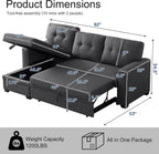Convertible Sleeper Sofa Bed with Pull Out Couch, L Shaped Couch with Chaise Storage, USB Charge & Side Pocket, Small Sectional Couches for Living Room, Apartment | Linen Fabric | 82" | Dark Grey