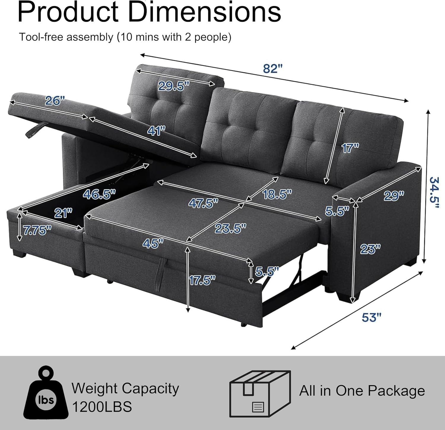 Convertible Sleeper Sofa Bed with Pull Out Couch, L Shaped Couch with Chaise Storage, USB Charge & Side Pocket, Small Sectional Couches for Living Room, Apartment | Linen Fabric | 82" | Dark Grey