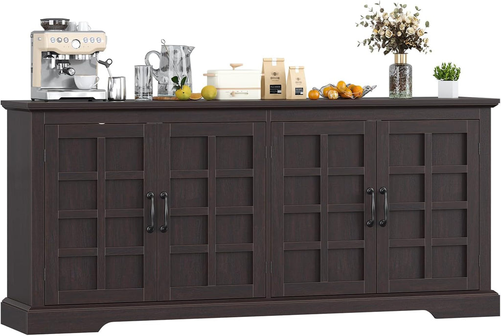 70" Sideboard Buffet Cabinet with Storage, Coffee Bar Cabinet with and 4 Doors, Long Wider Storage Cabinet Modern Farmhouse, Brown Wood, for Kitchen, Dining Room, Living Room