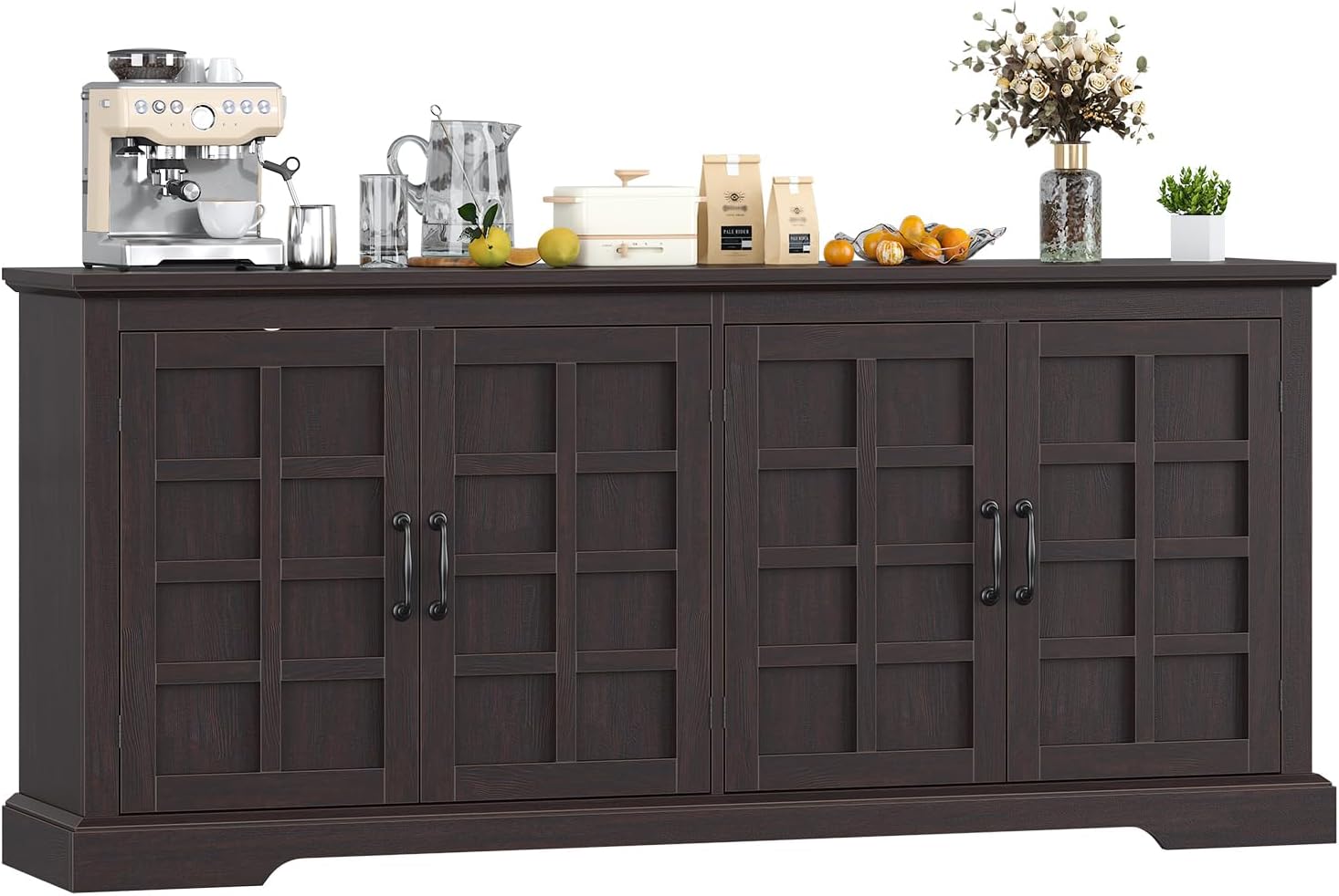 70" Sideboard Buffet Cabinet with Storage, Coffee Bar Cabinet with and 4 Doors, Long Wider Storage Cabinet Modern Farmhouse, Brown Wood, for Kitchen, Dining Room, Living Room