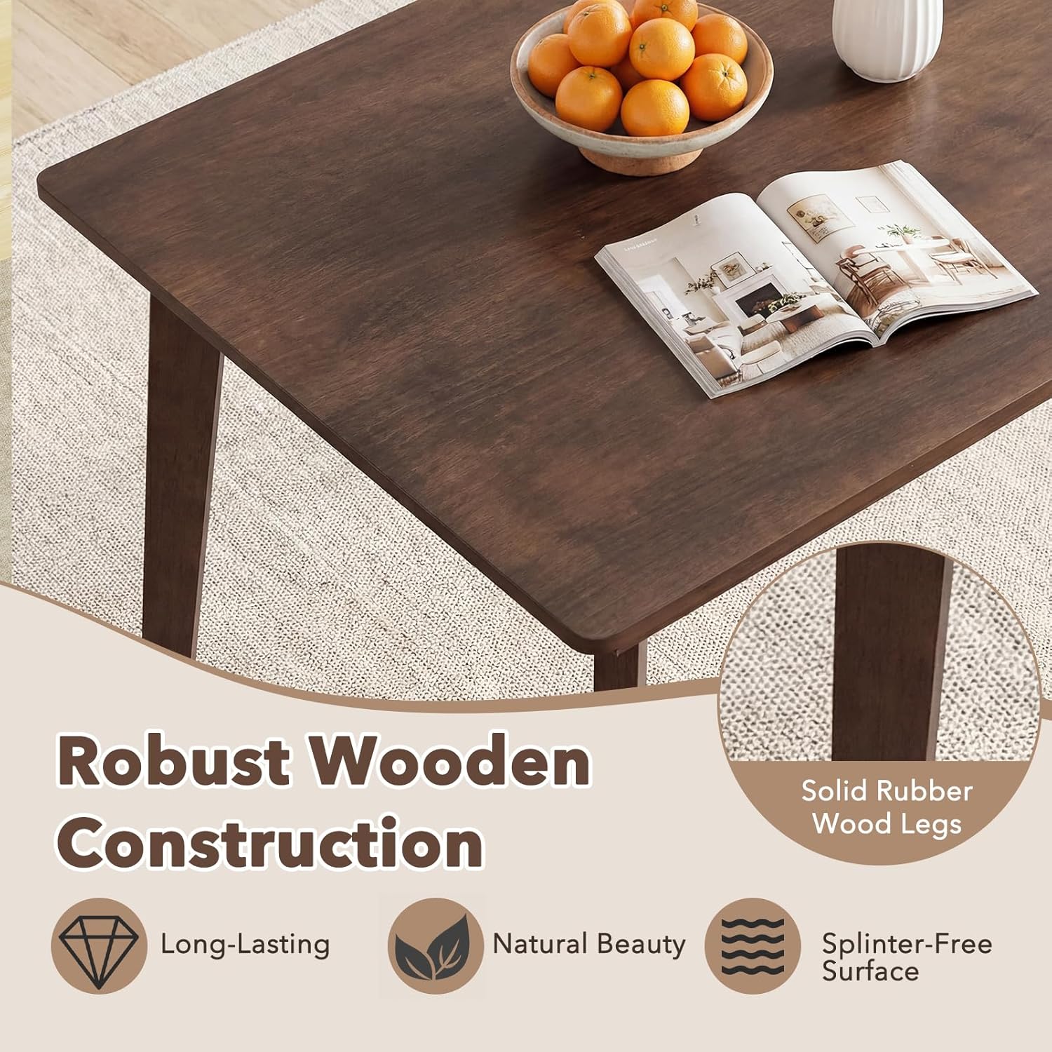 Giantex Dining Table for 4, 48" Rectangular Wooden Kitchen Table with Solid Rubber Wood Legs, Mid Century Modern Dinner Table for Dinette, Living Room, Home Office (Walnut)
