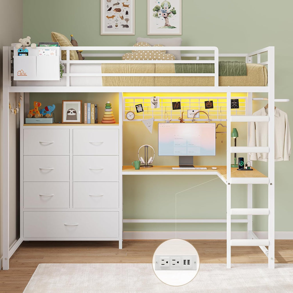DICTAC Twin Size Loft Bed with L-Shaped Desk and 7 Storage Drawers,Metal Twin Loft Bed for Kids with LED Lights and Charging Station,13.11" H Safety Guardrail and Ladder,No Box Spring Needed, White