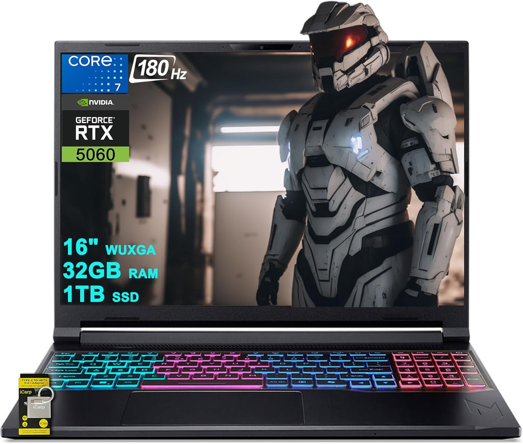 acer Nitro V 16S Gaming Laptop 16" WUXGA IPS 180Hz Intel 10-core Core 7 240H (Beats Ultra 7 268V) 32GB RAM 1TB SSD GeForce RTX 5060 DLSS4 GDDR7 (Up to 572 AI Tops) 4-Zone RGB Backlit Win11 ICP Hub