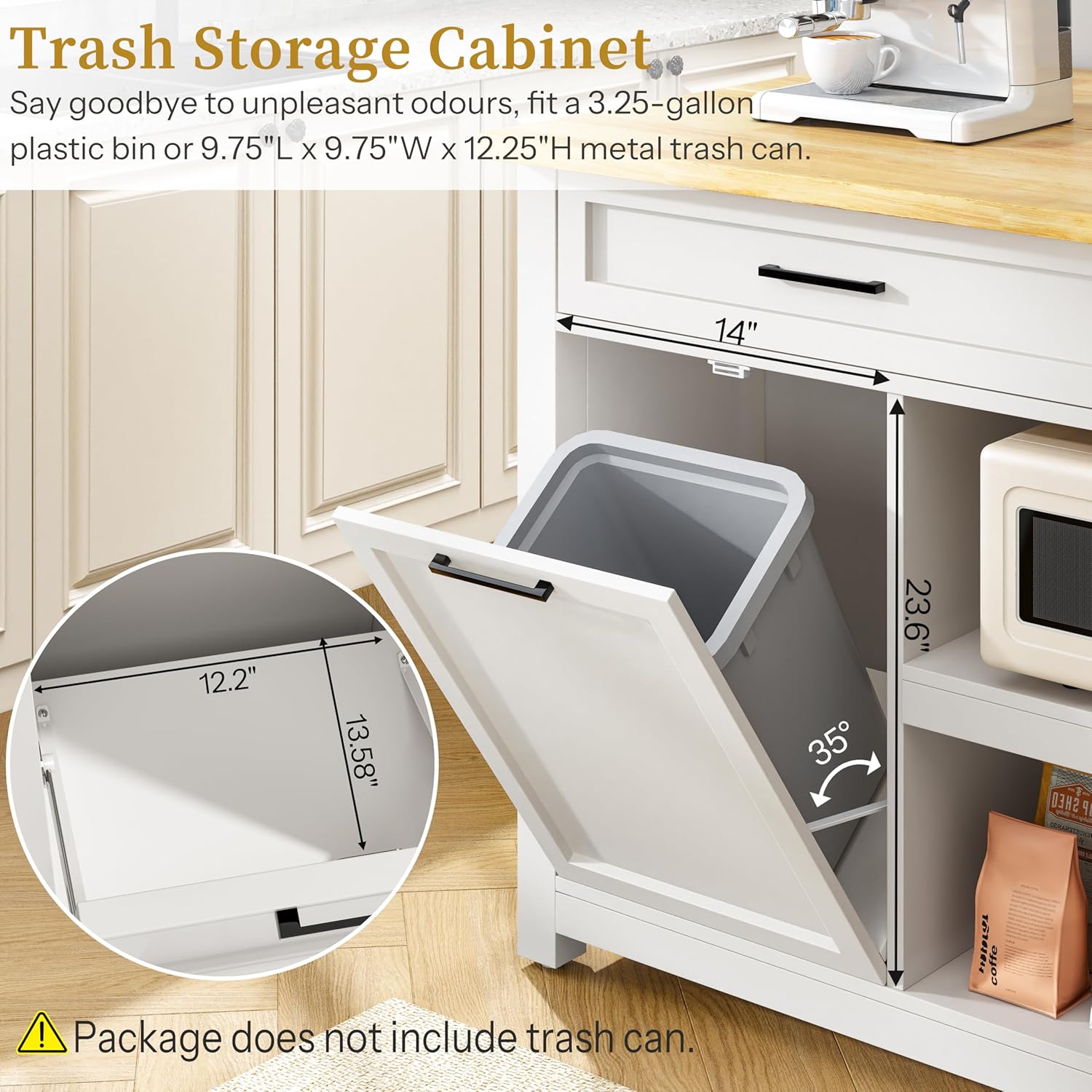 Kitchen Island with Storage and Seating Include 2 Bar Stools, 47" Solid Rubberwood Top Kitchen Island with Trash Can Storage, Power Outlet, 2 Drawers & Open Shelves Cabinet, Dining Table for 2, White