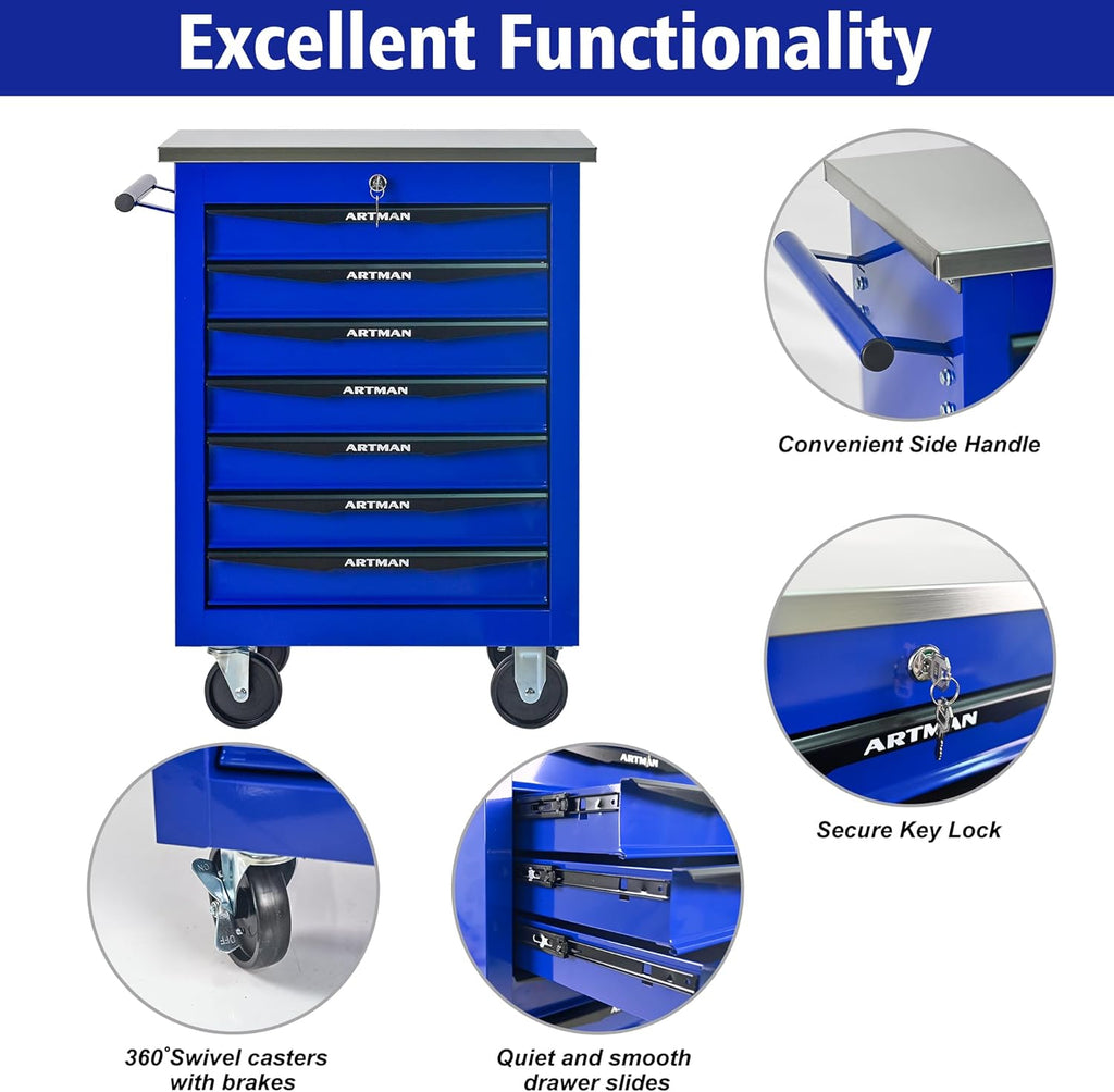 7 Drawers Tool Cart on Wheels with Stainless Steel Worktop, Heavy Duty Mobile Rolling Drawer Tool Chest with Locking Wheels & Lockable Drawers, Garage Tool Storage Cabinet (Blue, 7 Drawers)