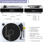 LP&No.1 Record Player with Built-in Stereo Speakers  LED Control  3-Speed Belt-Drive Vinyl Turntable with USB Playback & Recording  Wireless BT Input & Output  Auto Stop  Pitch Control | White Pearl