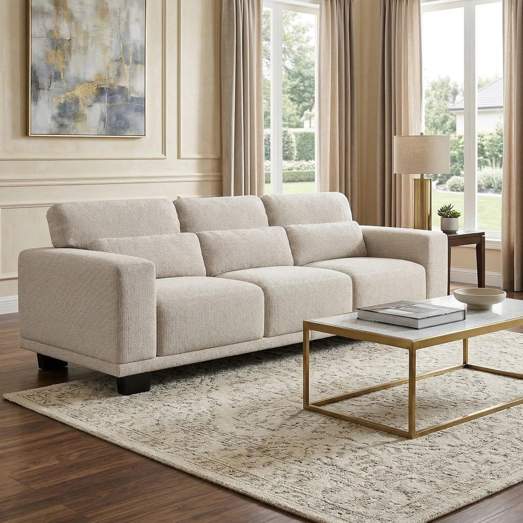 Marsail 89" Sofa Couch, 3-Seater Couches with Wide Armrests & Deep Cushions, Modern Linen Fabric Sofas for Living Room, Comfy Upholstered Couch with Removable Washable Covers, Beige