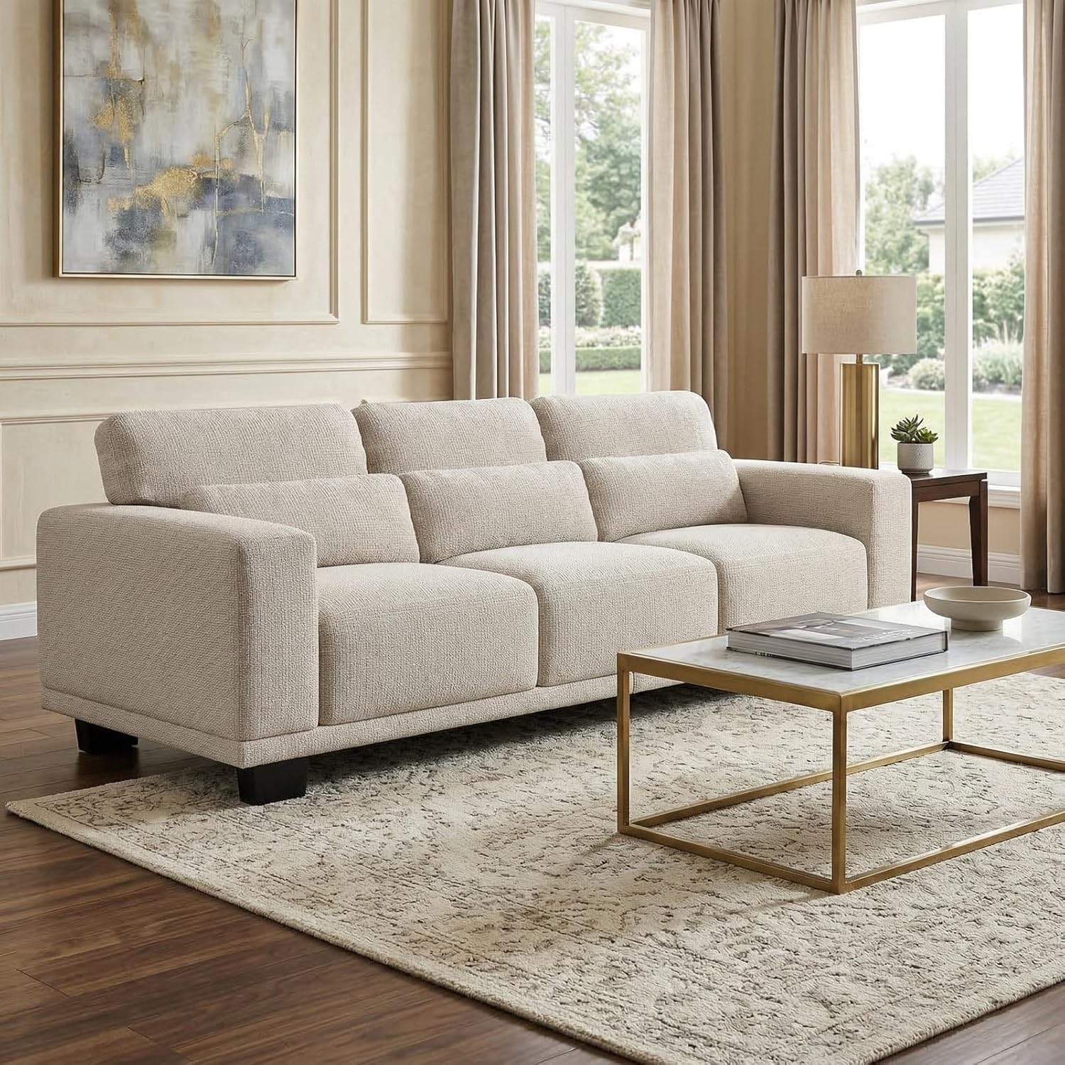Marsail 89" Sofa Couch, 3-Seater Couches with Wide Armrests & Deep Cushions, Modern Linen Fabric Sofas for Living Room, Comfy Upholstered Couch with Removable Washable Covers, Beige
