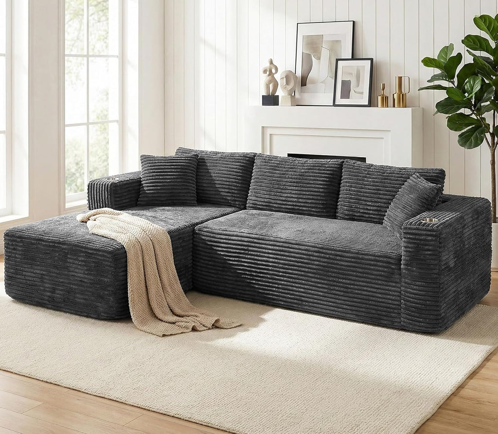 Vongrasig 103" Boneless Couches for Living Room,Sectional Couches Modular Sofa with L-Shaped Chaise, Memory Foam Comfy Cloud Couch with Plush Corduroy Fabric, No Assembly Required, Dark Grey