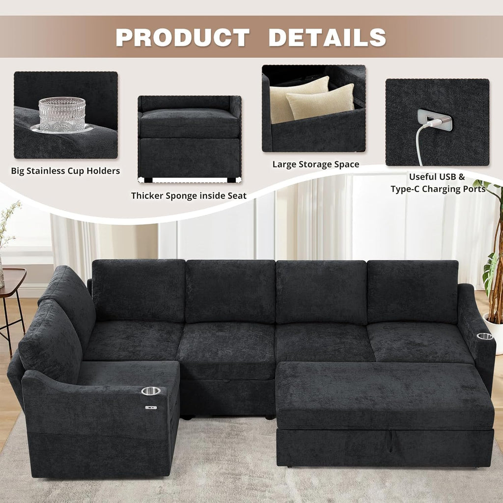 84" Chenille Modular Sleeper Sofa with Adjustable Backrests, Convertible Corner Sofa with USB Ports, L-Shape Sectional Couch with Pull-Out Bed & Storage Space for House, Living Room, Black
