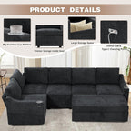 84" Chenille Modular Sleeper Sofa with Adjustable Backrests, Convertible Corner Sofa with USB Ports, L-Shape Sectional Couch with Pull-Out Bed & Storage Space for House, Living Room, Black