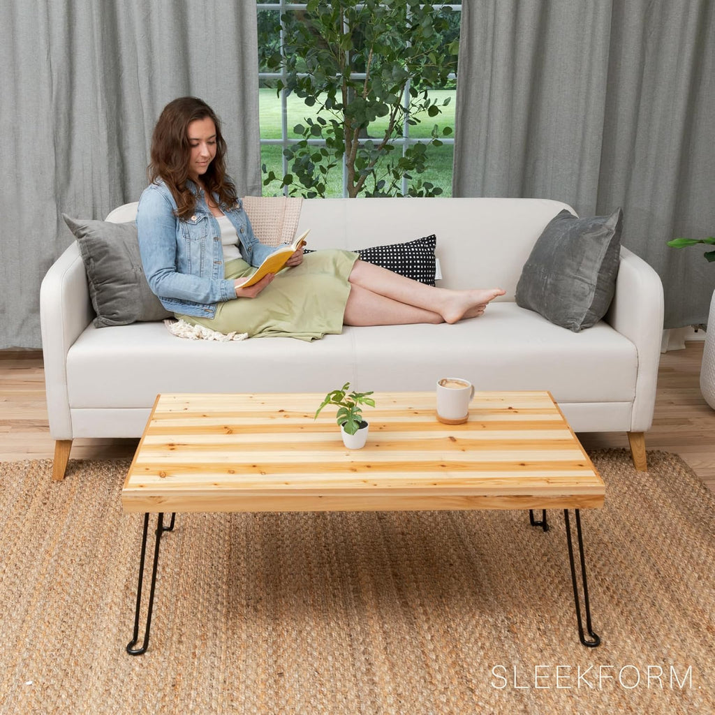 Sleekform Folding Wooden Coffee Table - Collapsible 20x40 Light Wood Mini Desk - Lightweight Foldable Coffee Table for Small Spaces - Fold Up Hairpin Legs - Birch Wood Finish
