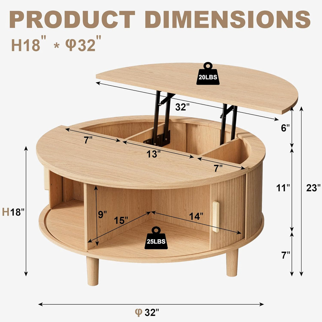 INNOD Round Coffee Table Lift Top with Storage, Fluted Drum Coffee Table for Living Room, Mid Century Modern Oak Wood Round Coffee Table with Sliding Tambour Door, Center Table (Boho Light Oak)