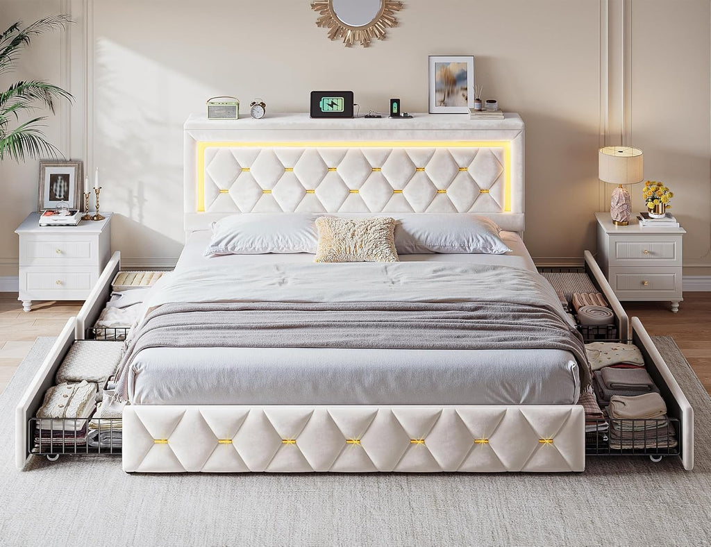 King Size Bed Frame with 4 Storage Drawers & LED Lights, Velvet Bed Frame with Charging Station, Wooden Slats, No Box Spring Needed, Beige